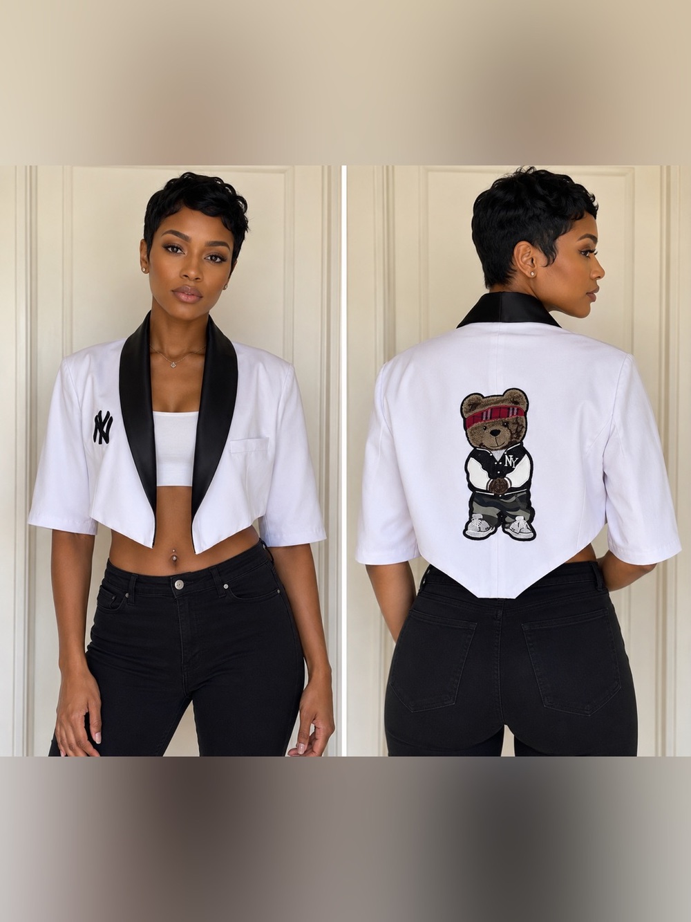 Upcycled NY inspired White and black Cropped Blazer with Teddy Patch size XL